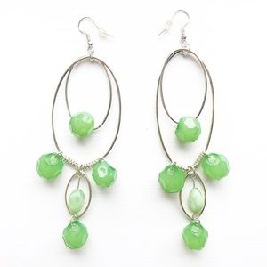 Boho silver wire & jade green bead drop earrings